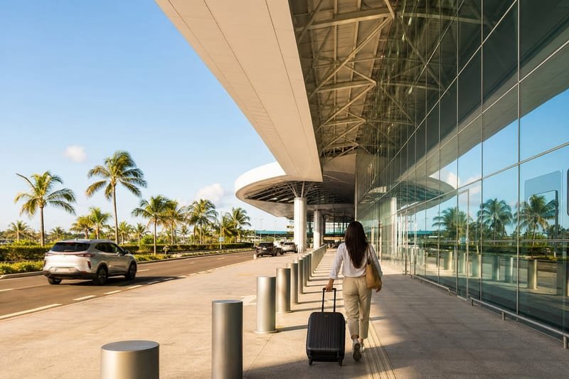 Viajante chegando ao terminal de aeroporto com bagagem