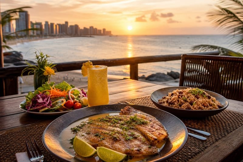 Peixe, baiao de dois e salada servidos diante da orla de Fortaleza