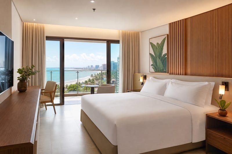 Quarto de hotel com varanda e vista para a Beira Mar de Fortaleza