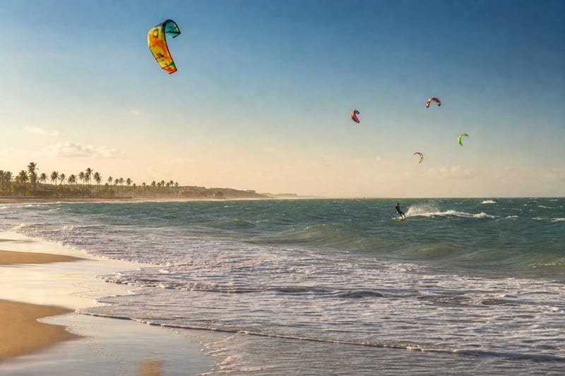 Kitesurfistas na Praia do Cumbuco durante a temporada de ventos
